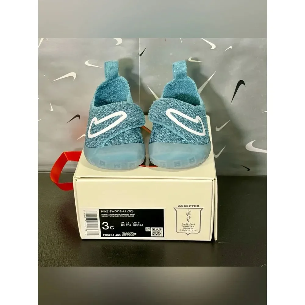 Nike Swoosh 1 TD Infant Flyknit Shoes Denim Turq White Sz 3C FB3244-403